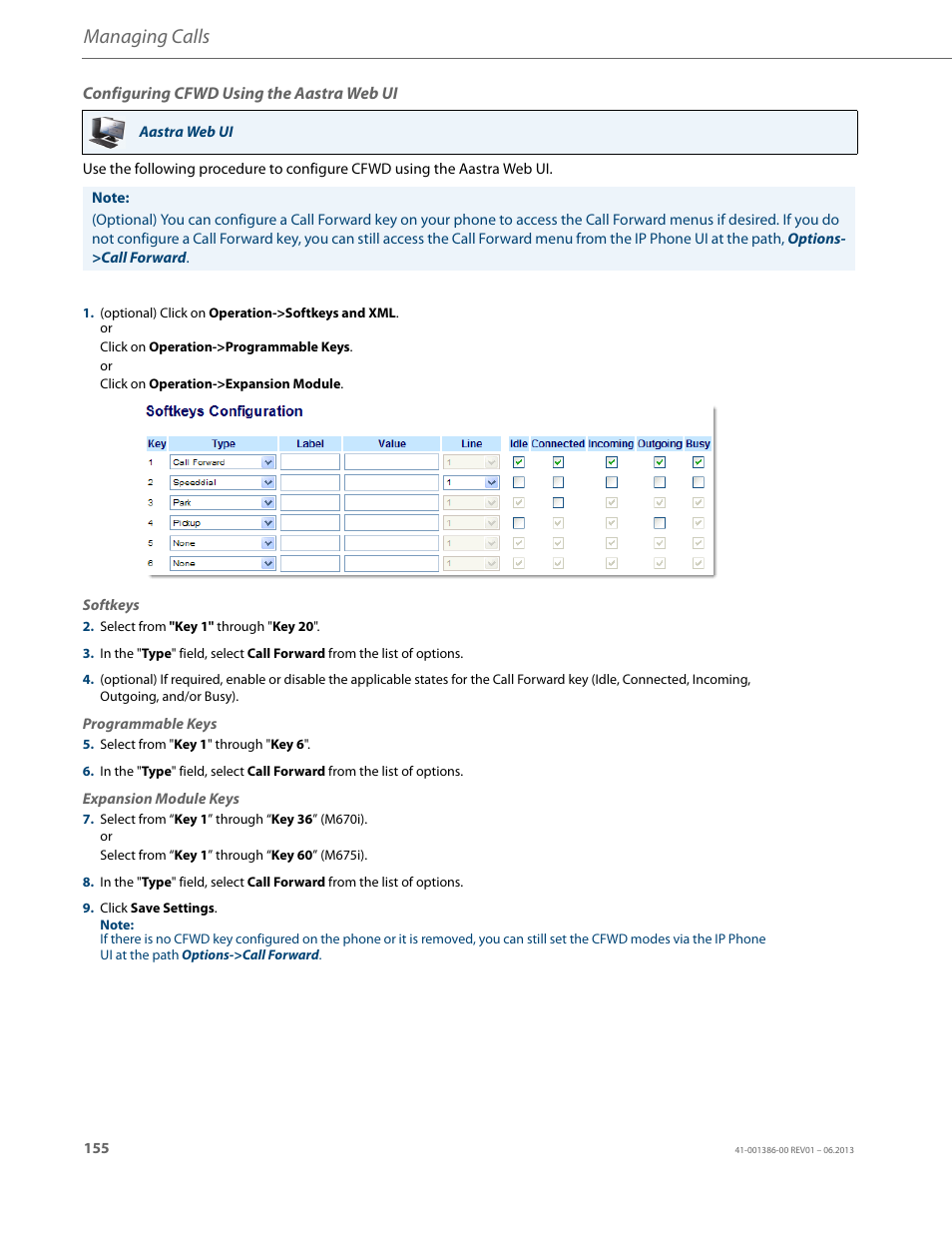 Configuring cfwd using the aastra web ui, Managing calls | AASTRA 6755i User Guide EN User Manual | Page 162 / 221