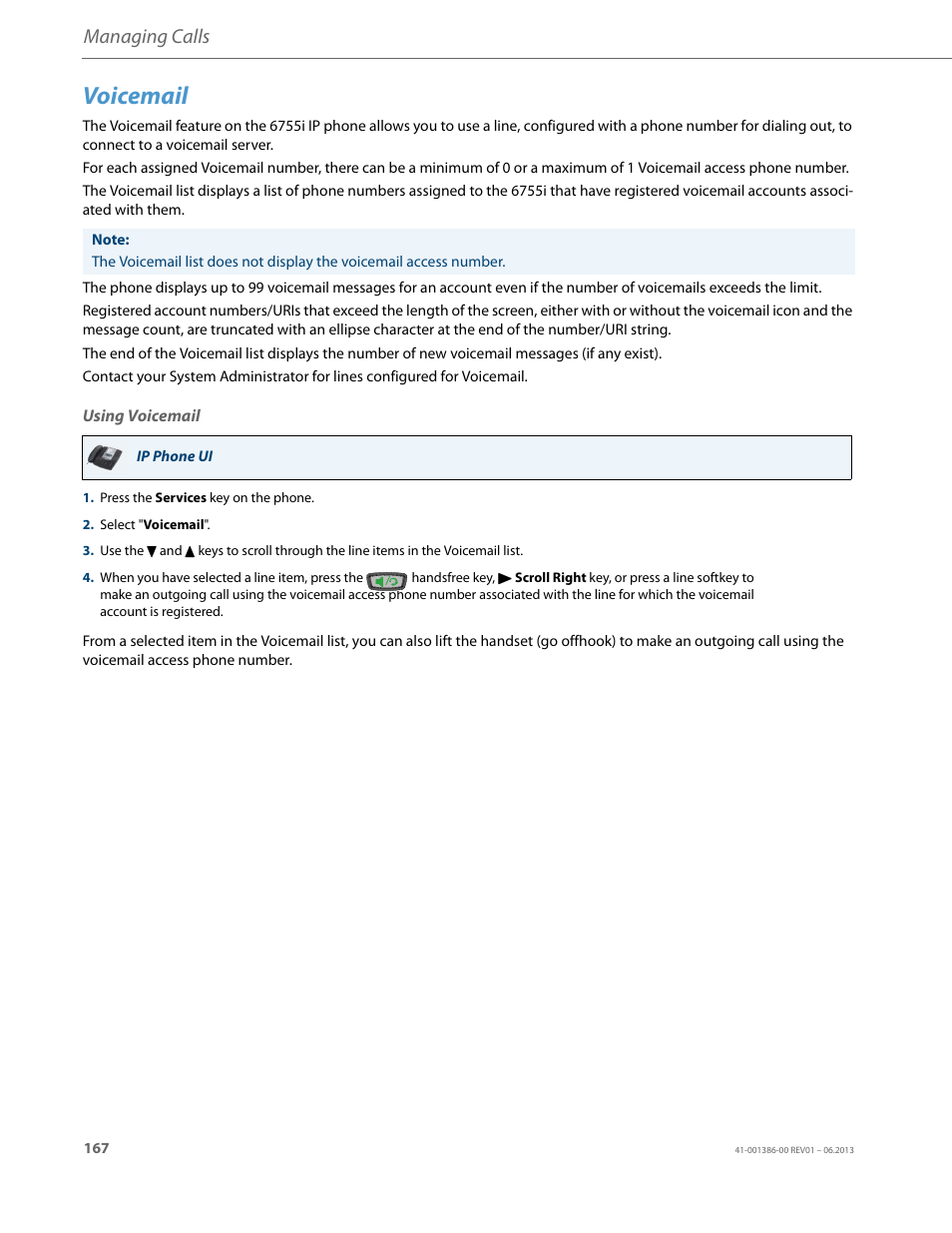 Voicemail, Using voicemail, Managing calls | AASTRA 6755i User Guide EN User Manual | Page 174 / 221