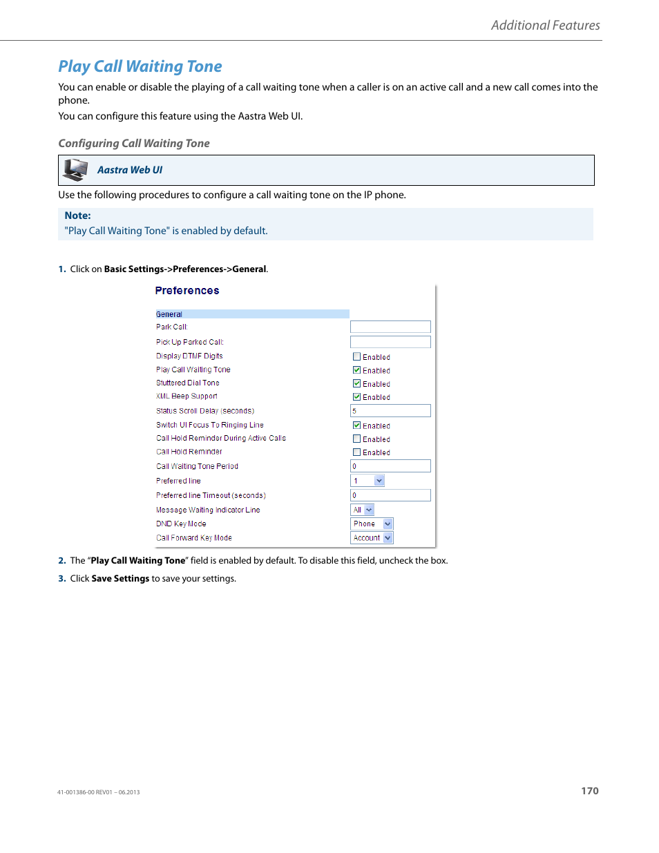 Play call waiting tone, Configuring call waiting tone, Additional features | AASTRA 6755i User Guide EN User Manual | Page 177 / 221