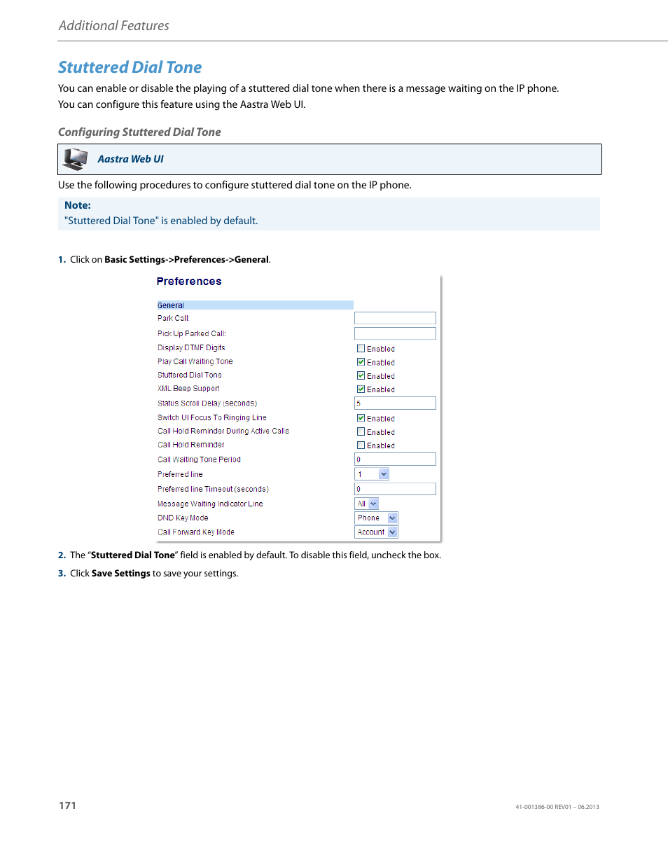 Stuttered dial tone, Configuring stuttered dial tone, Additional features | AASTRA 6755i User Guide EN User Manual | Page 178 / 221