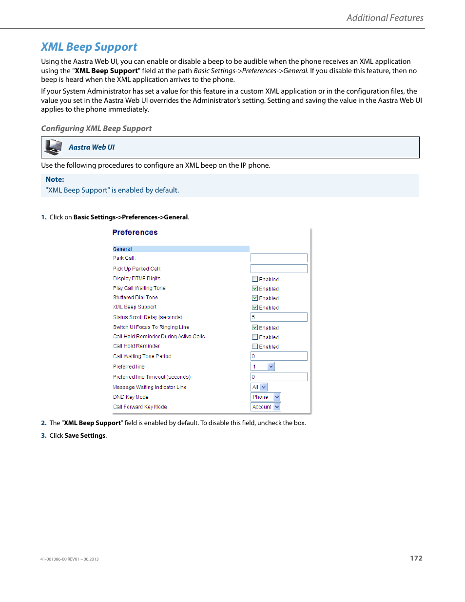 Xml beep support, Configuring xml beep support, Additional features | AASTRA 6755i User Guide EN User Manual | Page 179 / 221