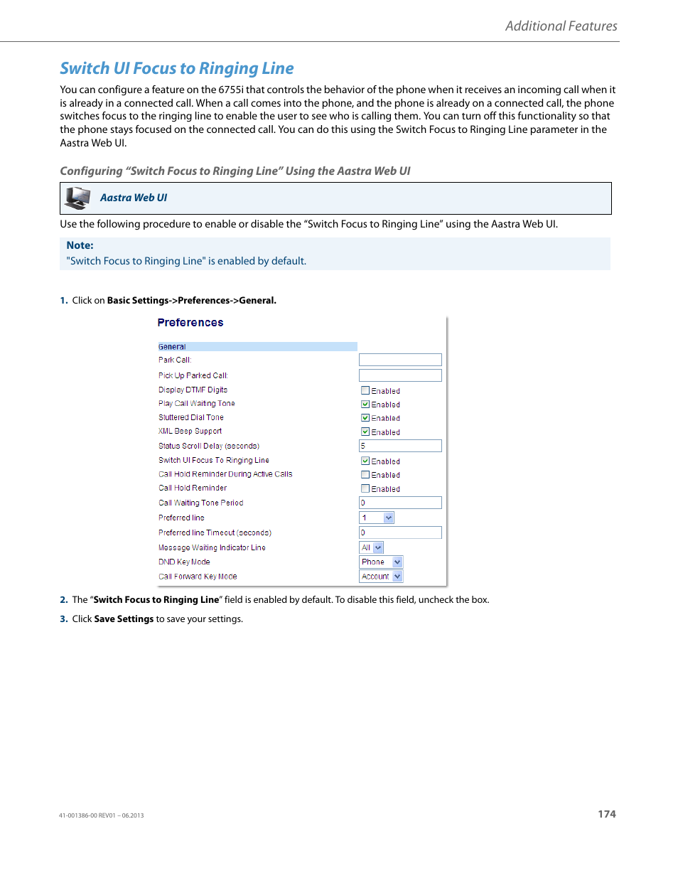 Switch ui focus to ringing line, Additional features | AASTRA 6755i User Guide EN User Manual | Page 181 / 221