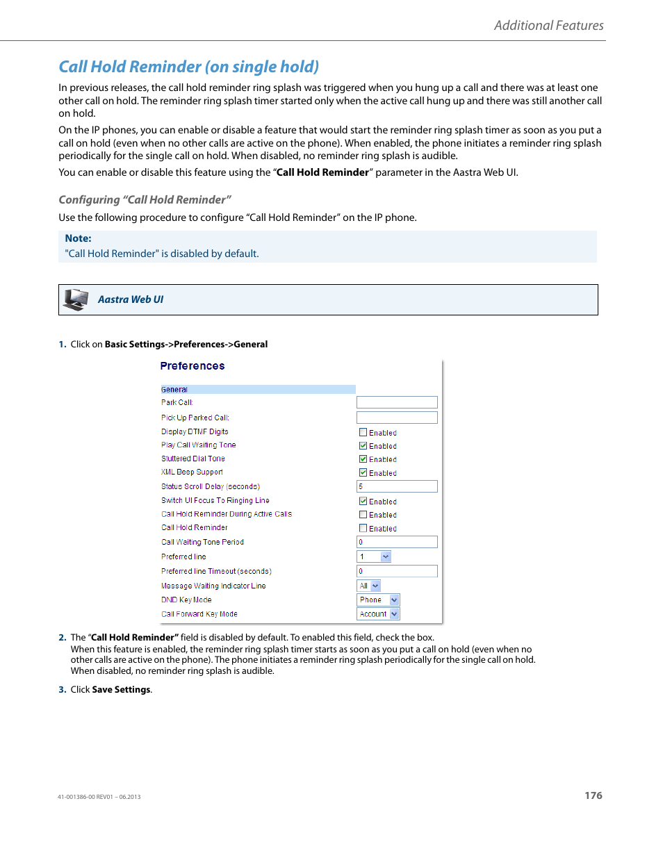 Call hold reminder (on single hold), Configuring “call hold reminder, Additional features | AASTRA 6755i User Guide EN User Manual | Page 183 / 221