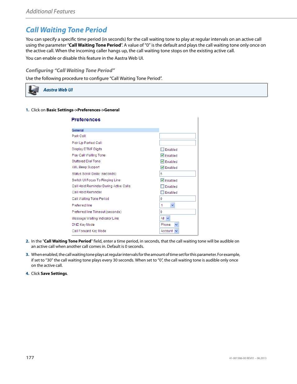 Call waiting tone period, Configuring “call waiting tone period, Additional features | AASTRA 6755i User Guide EN User Manual | Page 184 / 221