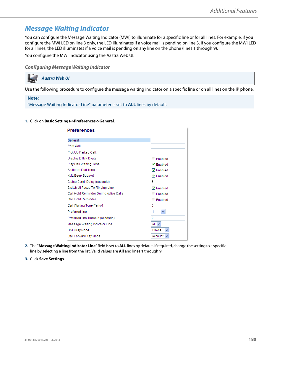Message waiting indicator, Configuring message waiting indicator, Additional features | AASTRA 6755i User Guide EN User Manual | Page 187 / 221