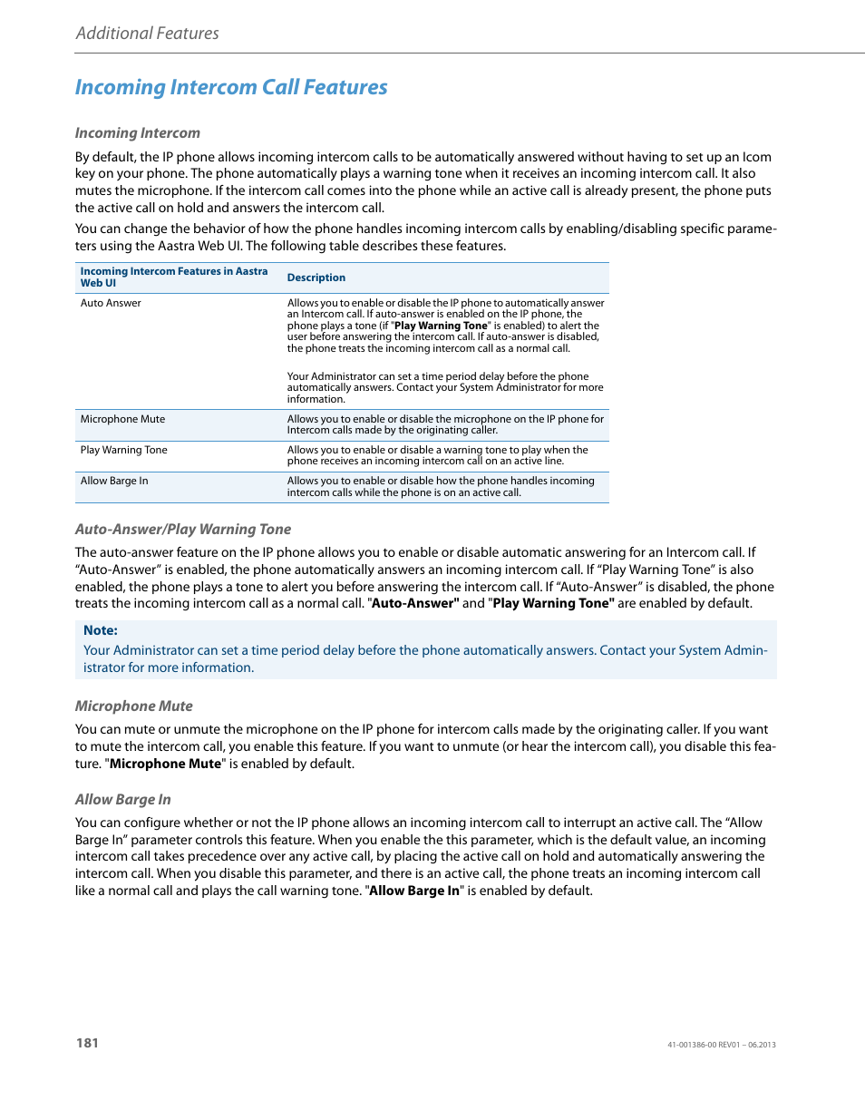 Incoming intercom call features, Incoming intercom, Auto-answer/play warning tone | Microphone mute, Allow barge in, Additional features | AASTRA 6755i User Guide EN User Manual | Page 188 / 221