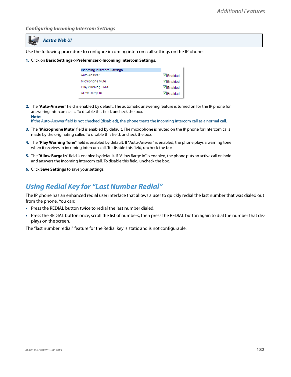 Configuring incoming intercom settings, Using redial key for “last number redial, Additional features | AASTRA 6755i User Guide EN User Manual | Page 189 / 221