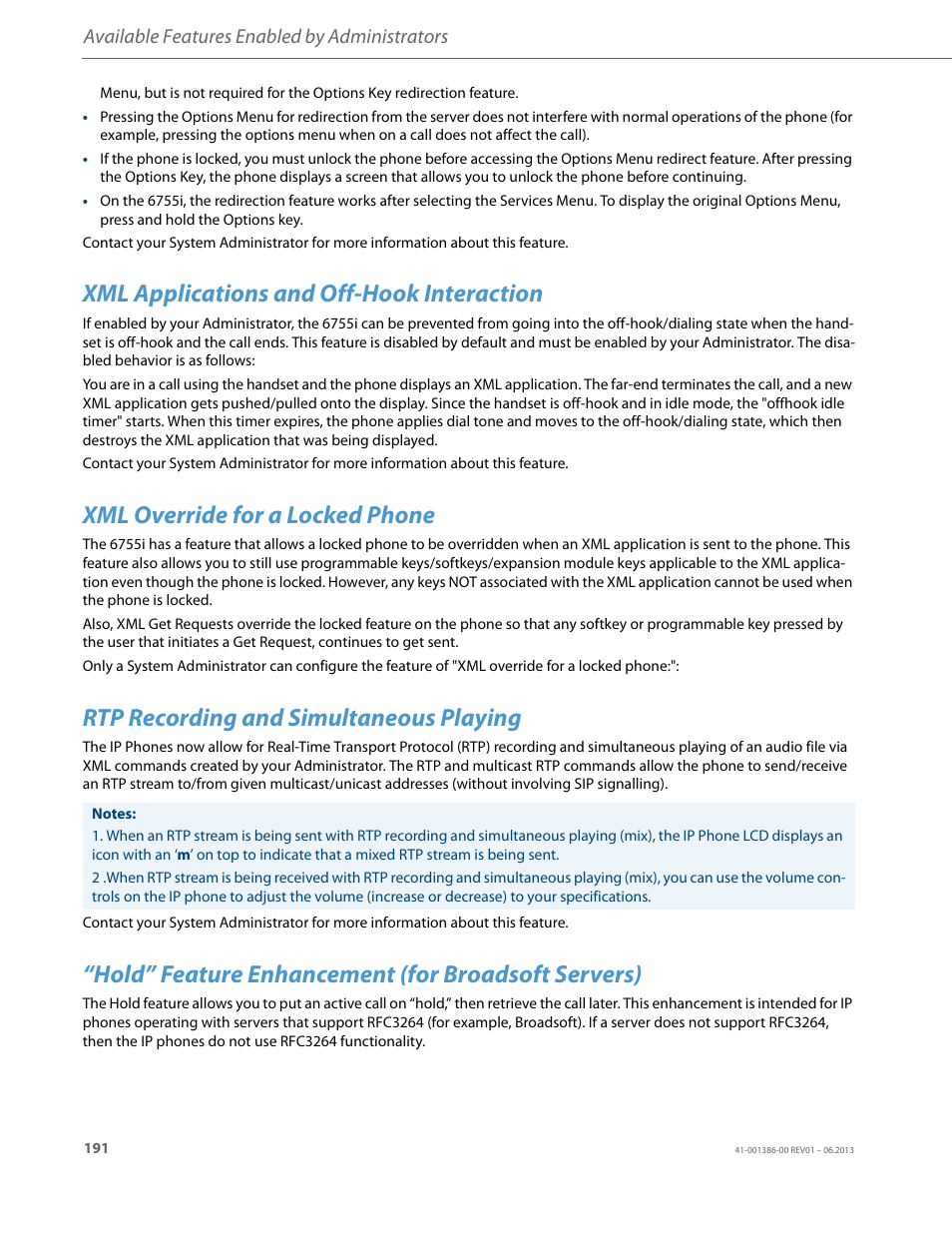 Xml applications and off-hook interaction, Xml override for a locked phone, Rtp recording and simultaneous playing | Hold” feature enhancement (for broadsoft servers), Available features enabled by administrators | AASTRA 6755i User Guide EN User Manual | Page 198 / 221