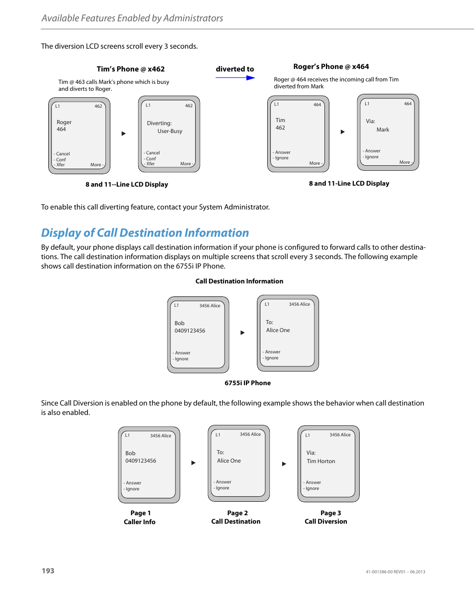 Display of call destination information, Available features enabled by administrators | AASTRA 6755i User Guide EN User Manual | Page 200 / 221