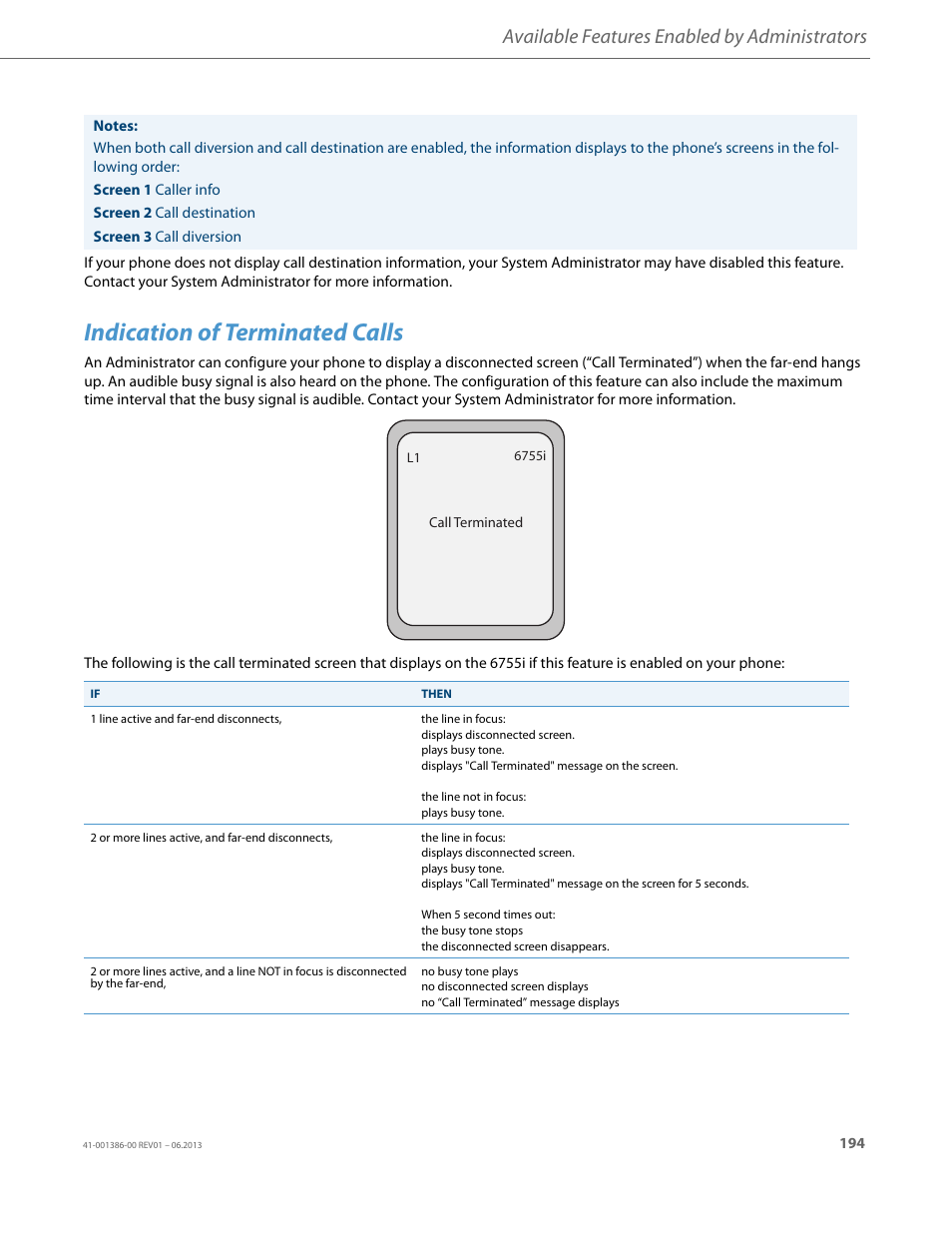 Indication of terminated calls, Available features enabled by administrators | AASTRA 6755i User Guide EN User Manual | Page 201 / 221