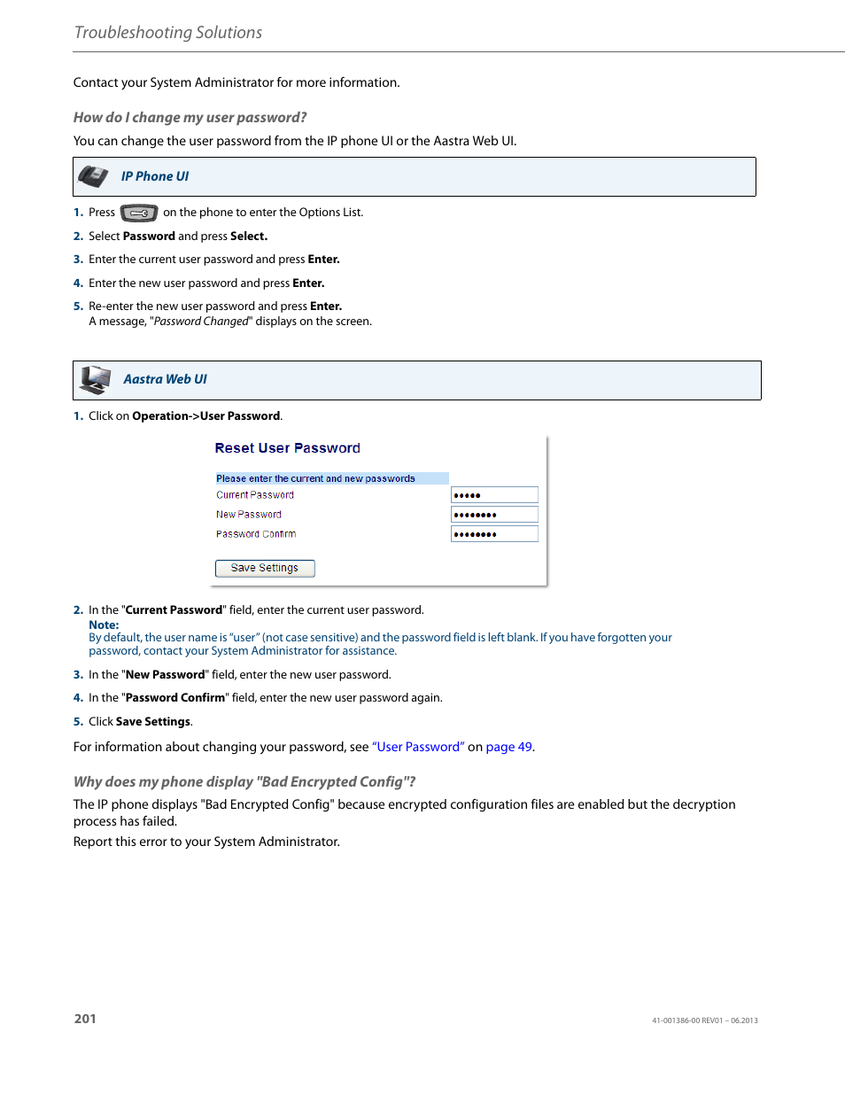 How do i change my user password, Why does my phone display "bad encrypted config, Troubleshooting solutions | AASTRA 6755i User Guide EN User Manual | Page 208 / 221