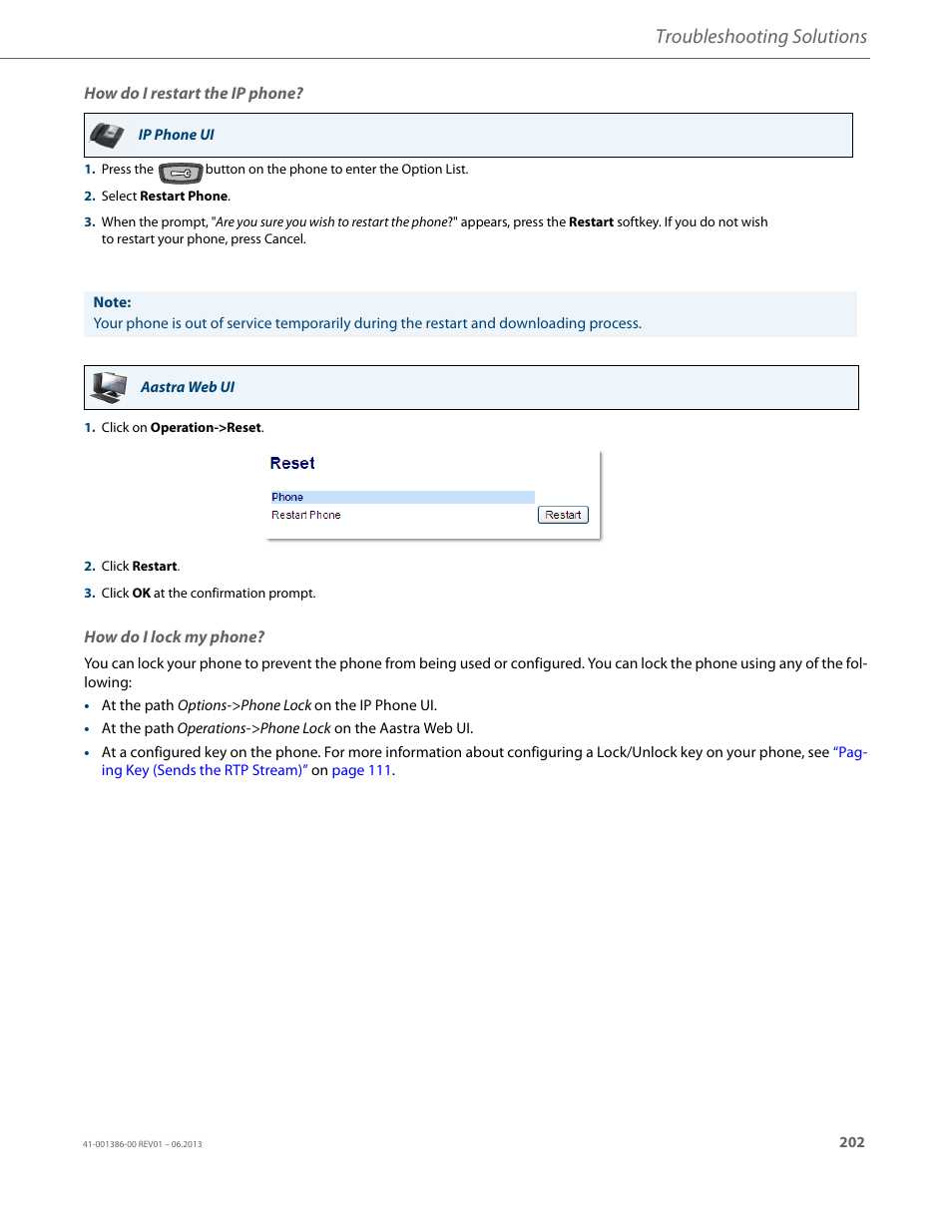 How do i restart the ip phone, How do i lock my phone, Troubleshooting solutions | AASTRA 6755i User Guide EN User Manual | Page 209 / 221