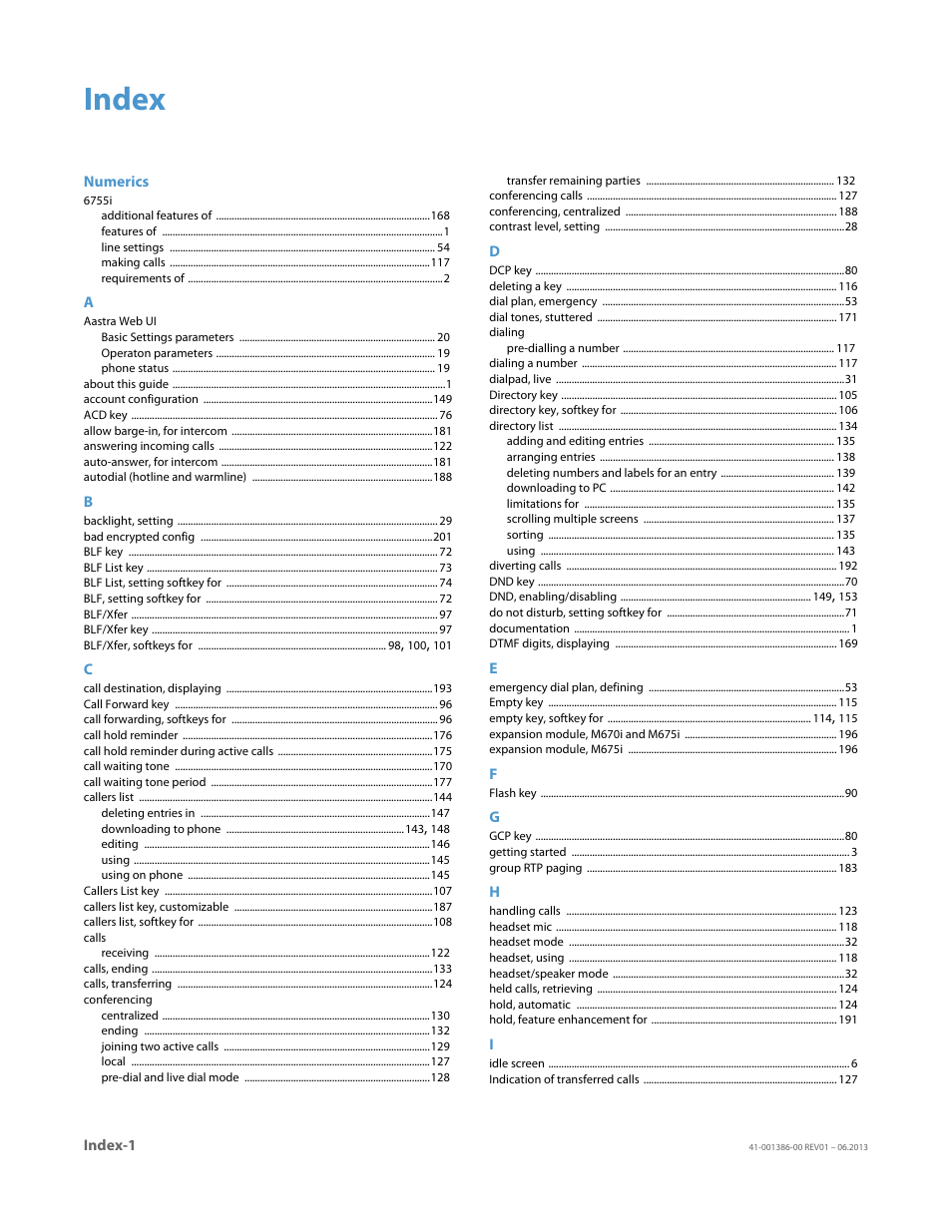 Index | AASTRA 6755i User Guide EN User Manual | Page 218 / 221