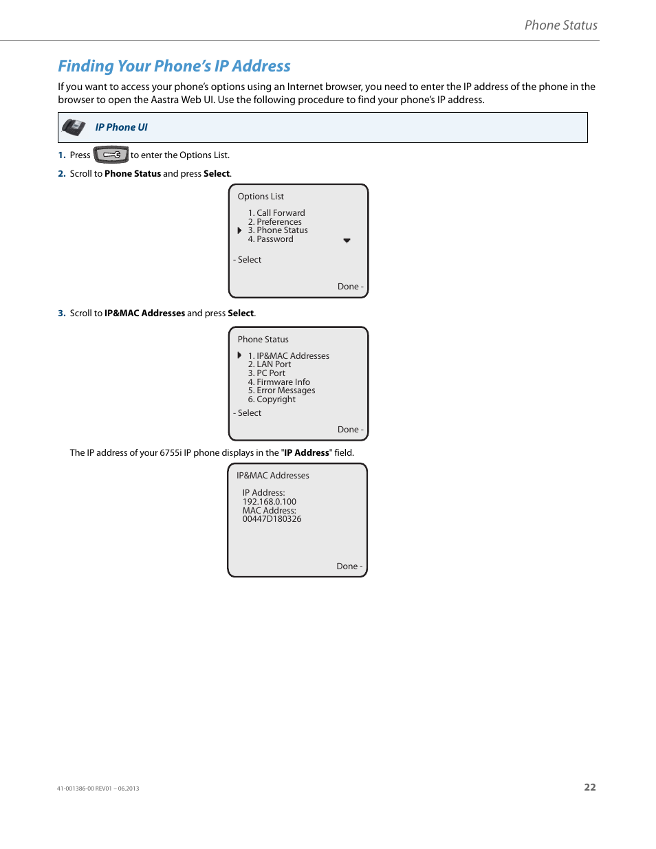 Finding your phone’s ip address, Phone status | AASTRA 6755i User Guide EN User Manual | Page 29 / 221
