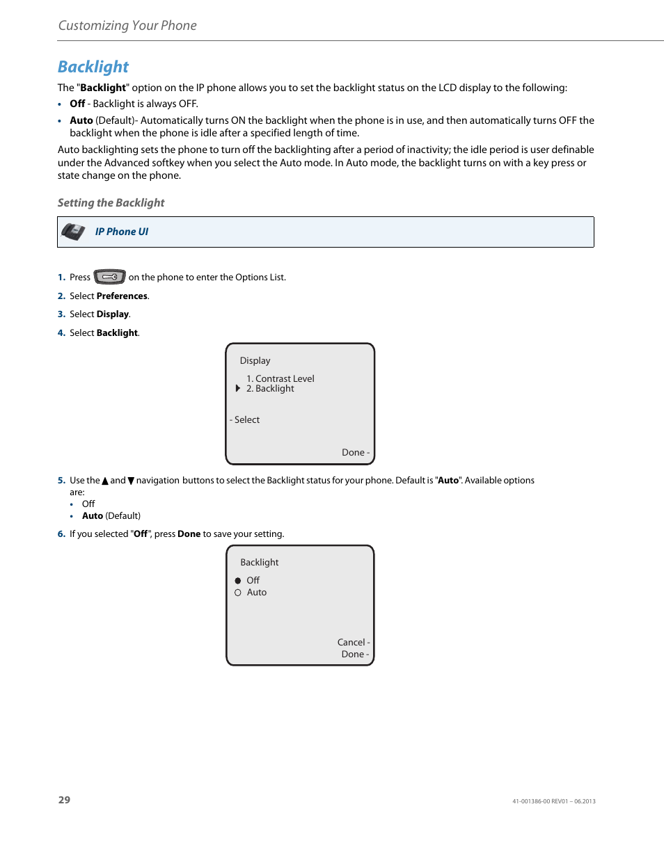 Backlight, Setting the backlight, Customizing your phone | AASTRA 6755i User Guide EN User Manual | Page 36 / 221