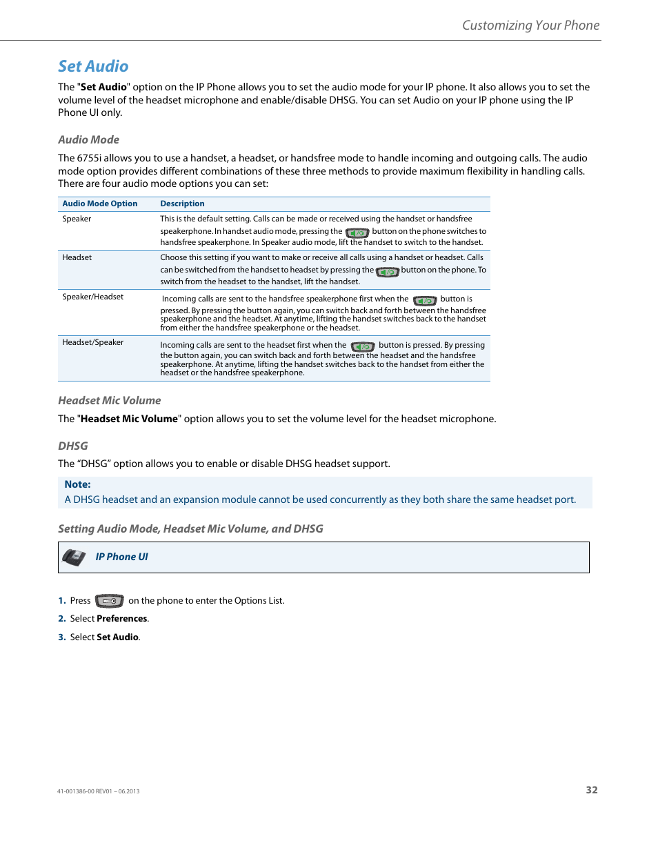 Set audio, Audio mode, Headset mic volume | Dhsg, Setting audio mode, headset mic volume, and dhsg, Customizing your phone | AASTRA 6755i User Guide EN User Manual | Page 39 / 221