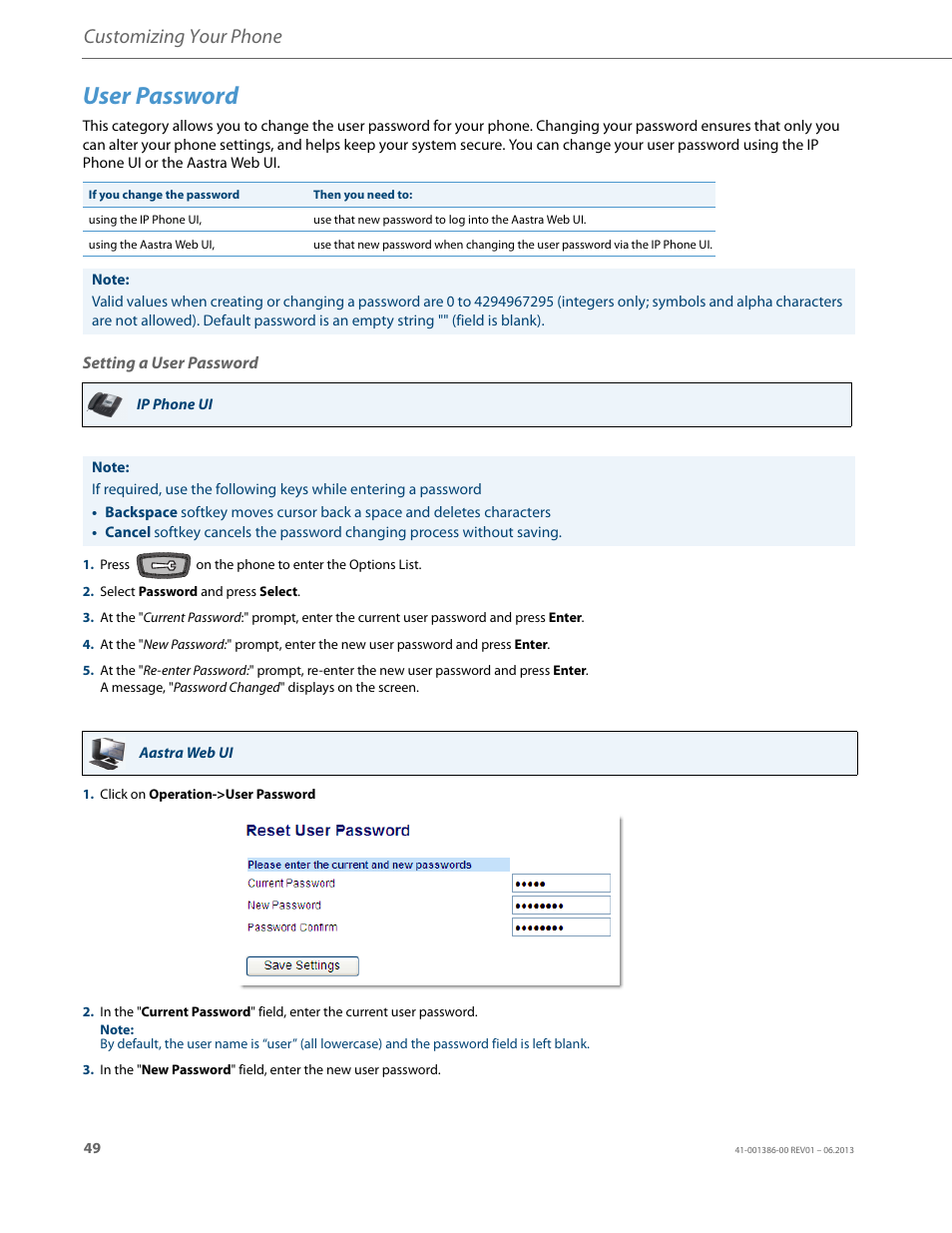 User password, Setting a user password, Customizing your phone | AASTRA 6755i User Guide EN User Manual | Page 56 / 221