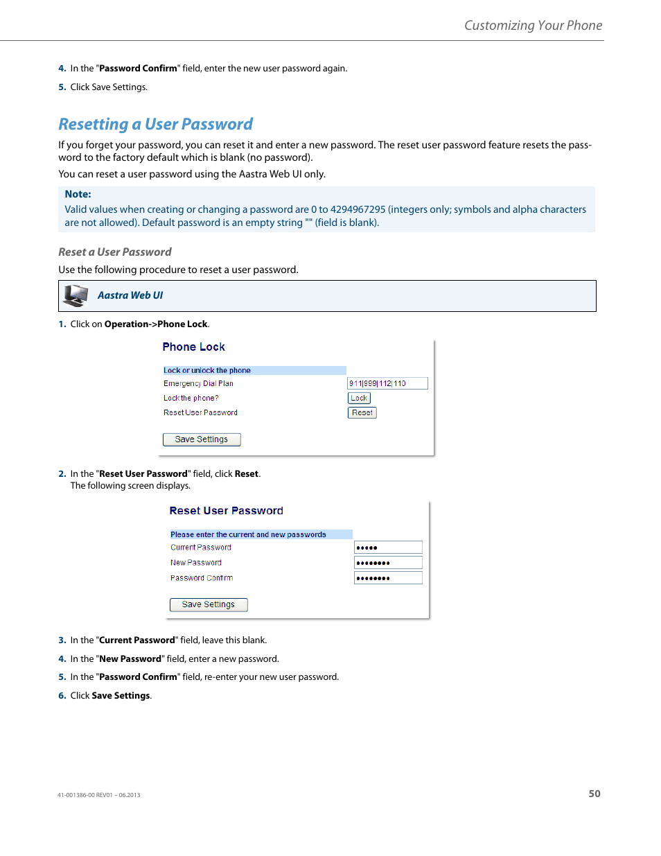 Resetting a user password, Reset a user password, Customizing your phone | AASTRA 6755i User Guide EN User Manual | Page 57 / 221