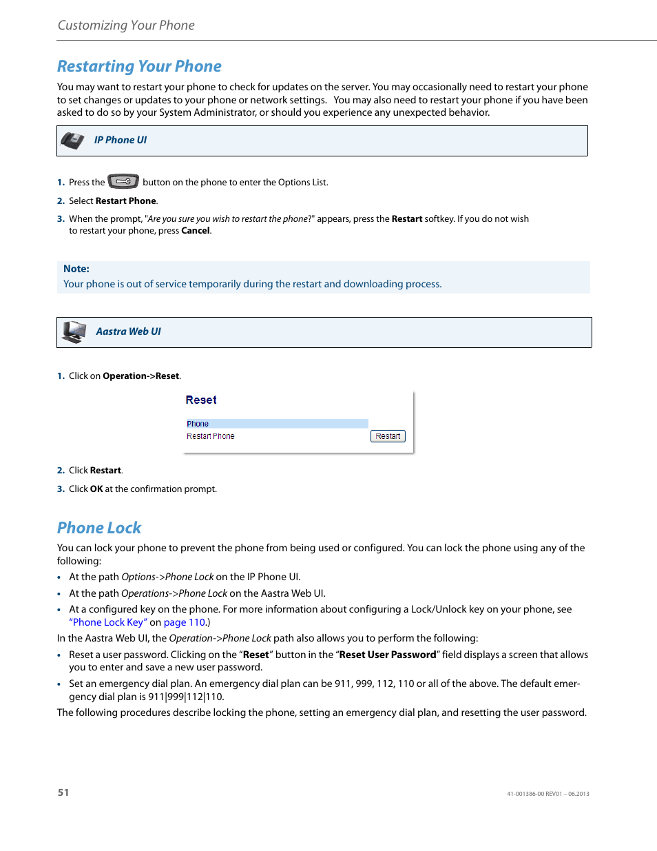 Restarting your phone, Phone lock, Customizing your phone | AASTRA 6755i User Guide EN User Manual | Page 58 / 221