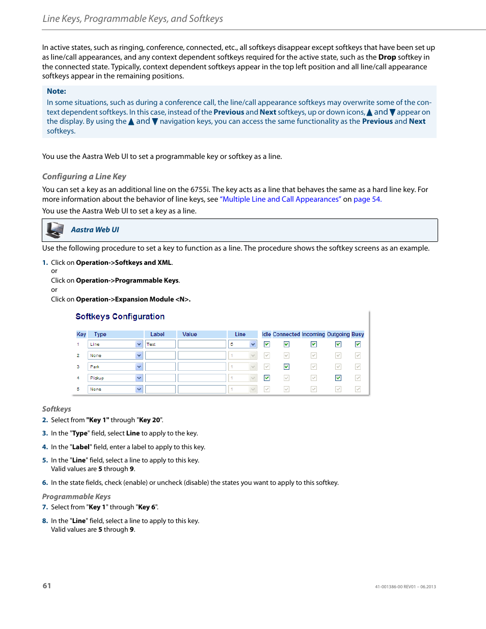 Configuring a line key, Line keys, programmable keys, and softkeys | AASTRA 6755i User Guide EN User Manual | Page 68 / 221