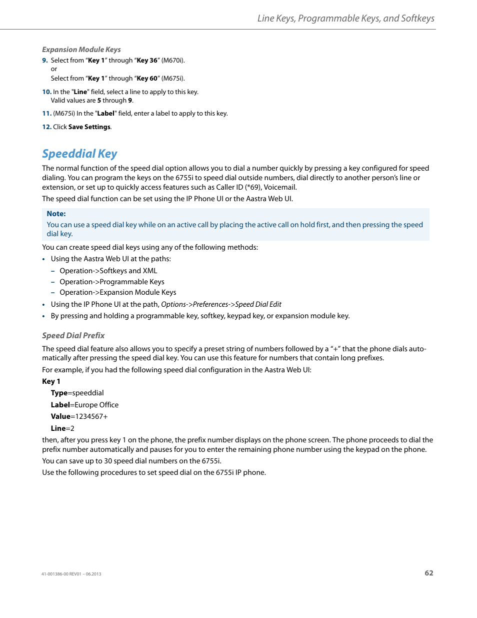 Speeddial key, Speed dial prefix, Line keys, programmable keys, and softkeys | AASTRA 6755i User Guide EN User Manual | Page 69 / 221