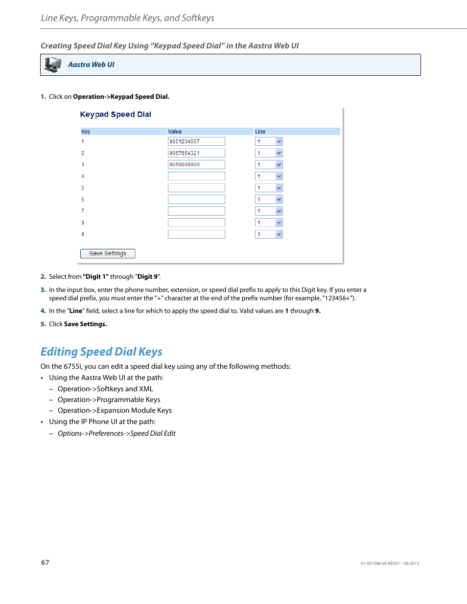 Editing speed dial keys, Line keys, programmable keys, and softkeys | AASTRA 6755i User Guide EN User Manual | Page 74 / 221
