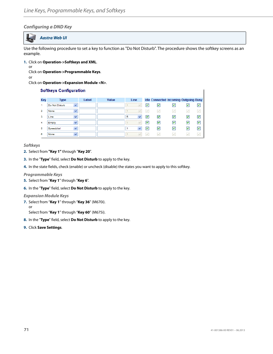 Configuring a dnd key, Line keys, programmable keys, and softkeys | AASTRA 6755i User Guide EN User Manual | Page 78 / 221