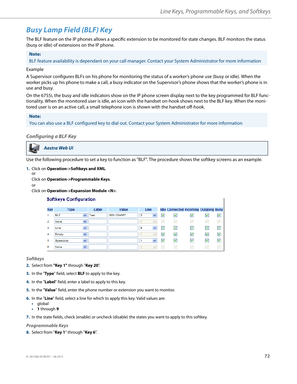 Busy lamp field (blf) key, Configuring a blf key, Line keys, programmable keys, and softkeys | AASTRA 6755i User Guide EN User Manual | Page 79 / 221
