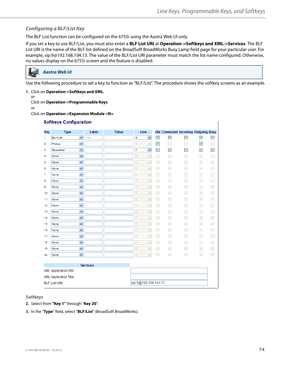 Configuring a blf/list key, Line keys, programmable keys, and softkeys | AASTRA 6755i User Guide EN User Manual | Page 81 / 221
