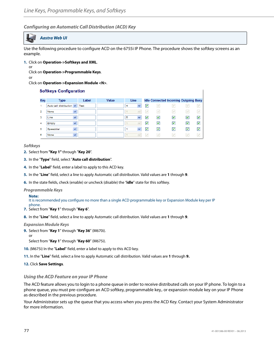 Using the acd feature on your ip phone, Line keys, programmable keys, and softkeys | AASTRA 6755i User Guide EN User Manual | Page 84 / 221