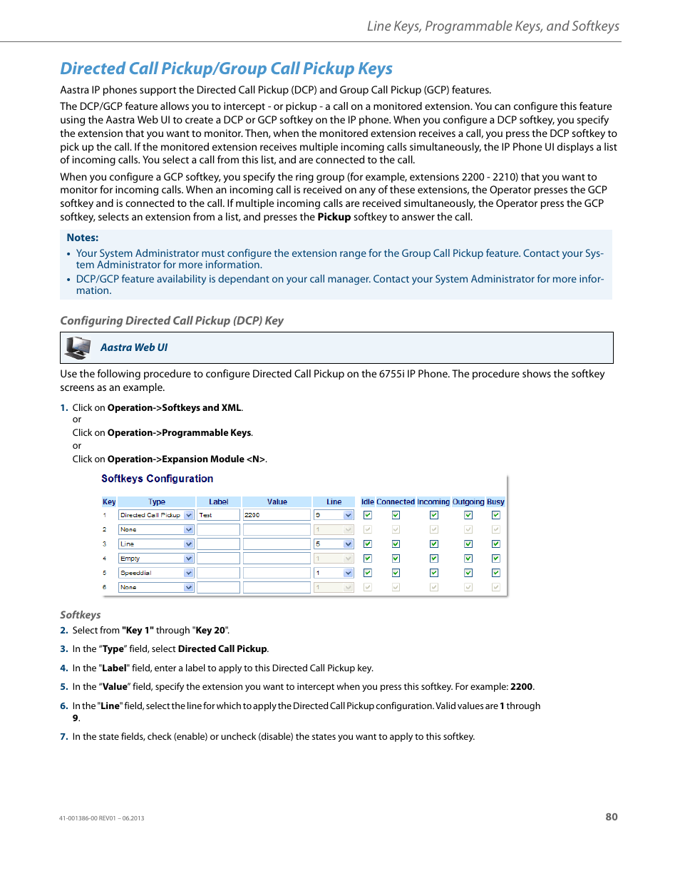 Directed call pickup/group call pickup keys, Configuring directed call pickup (dcp) key, Line keys, programmable keys, and softkeys | AASTRA 6755i User Guide EN User Manual | Page 87 / 221