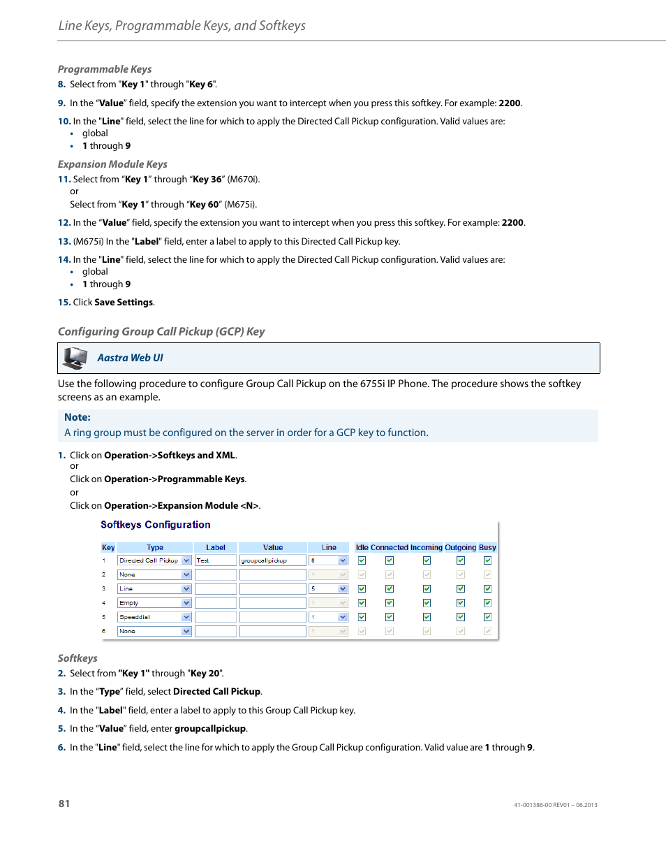 Configuring group call pickup (gcp) key, Line keys, programmable keys, and softkeys | AASTRA 6755i User Guide EN User Manual | Page 88 / 221