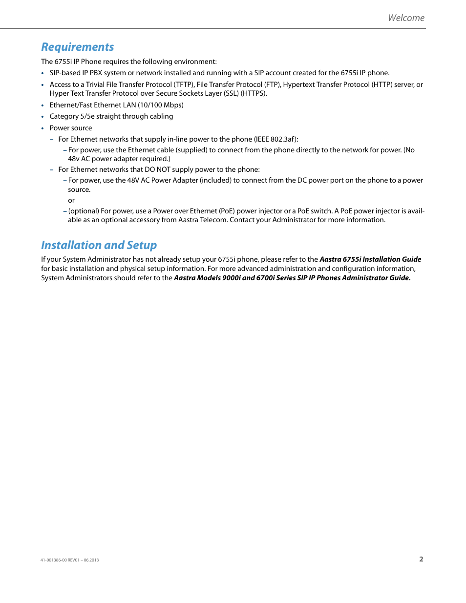 Requirements, Installation and setup, Welcome | AASTRA 6755i User Guide EN User Manual | Page 9 / 221