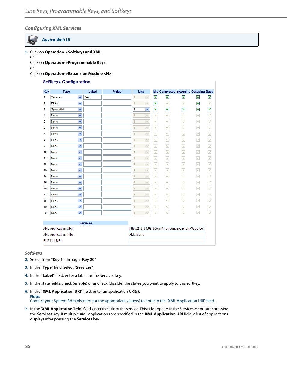 Configuring xml services, Line keys, programmable keys, and softkeys | AASTRA 6755i User Guide EN User Manual | Page 92 / 221