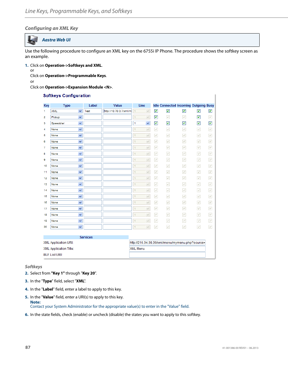 Configuring an xml key, Line keys, programmable keys, and softkeys | AASTRA 6755i User Guide EN User Manual | Page 94 / 221