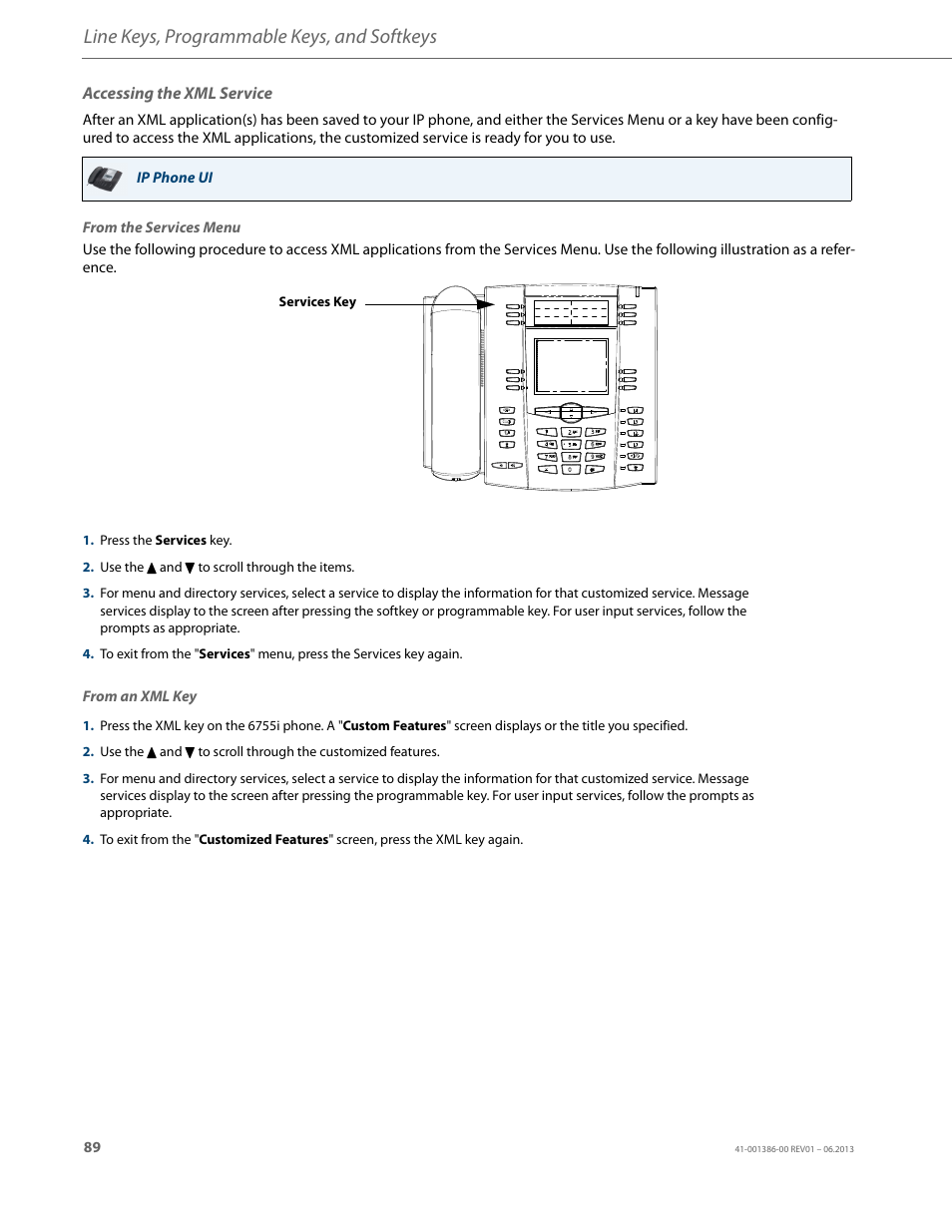 Accessing the xml service, Line keys, programmable keys, and softkeys | AASTRA 6755i User Guide EN User Manual | Page 96 / 221