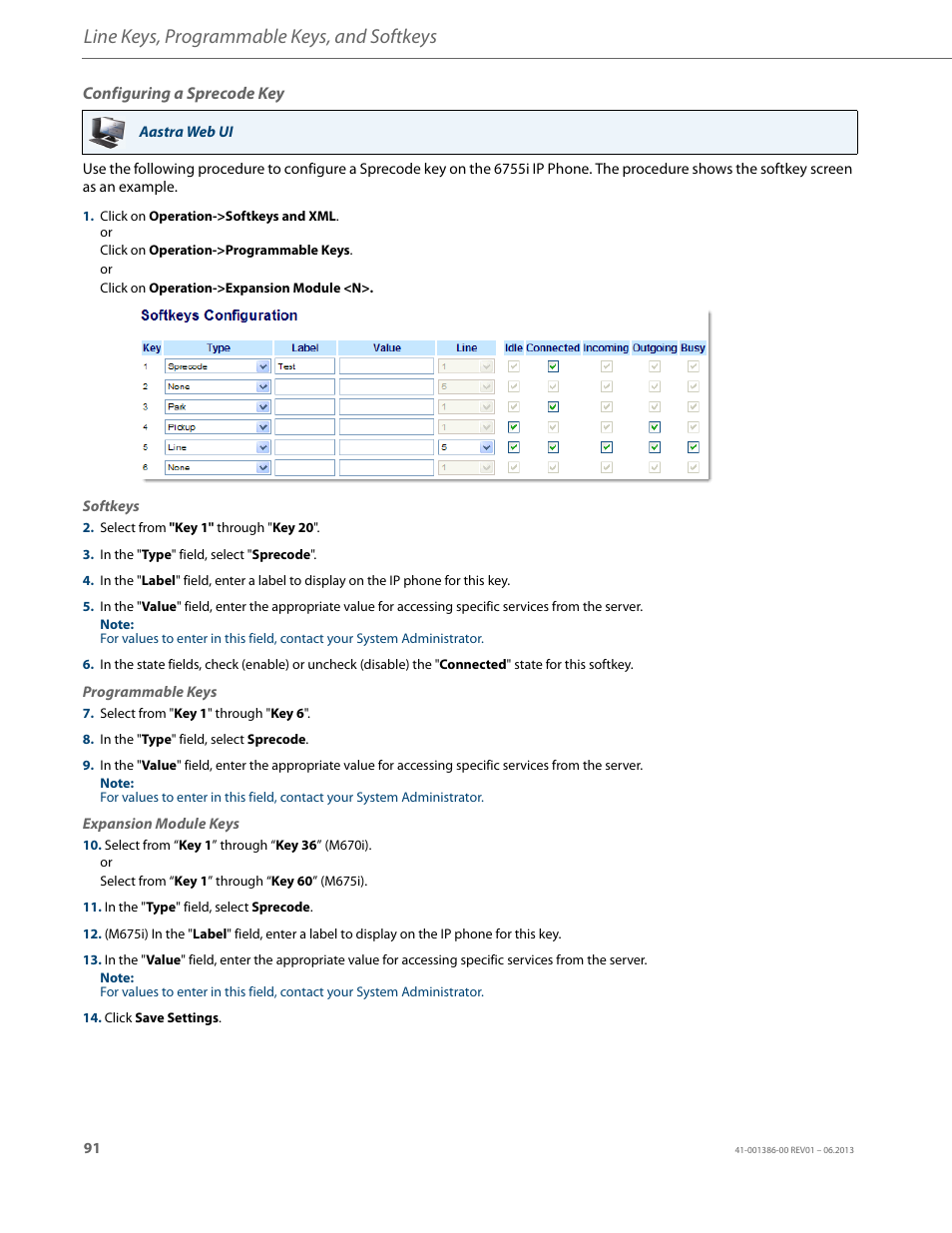 Configuring a sprecode key, Line keys, programmable keys, and softkeys | AASTRA 6755i User Guide EN User Manual | Page 98 / 221