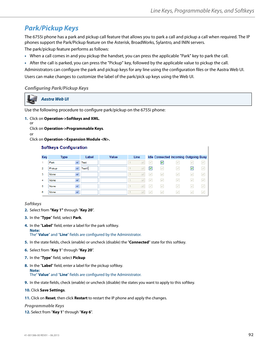 Park/pickup keys, Configuring park/pickup keys, Line keys, programmable keys, and softkeys | AASTRA 6755i User Guide EN User Manual | Page 99 / 221