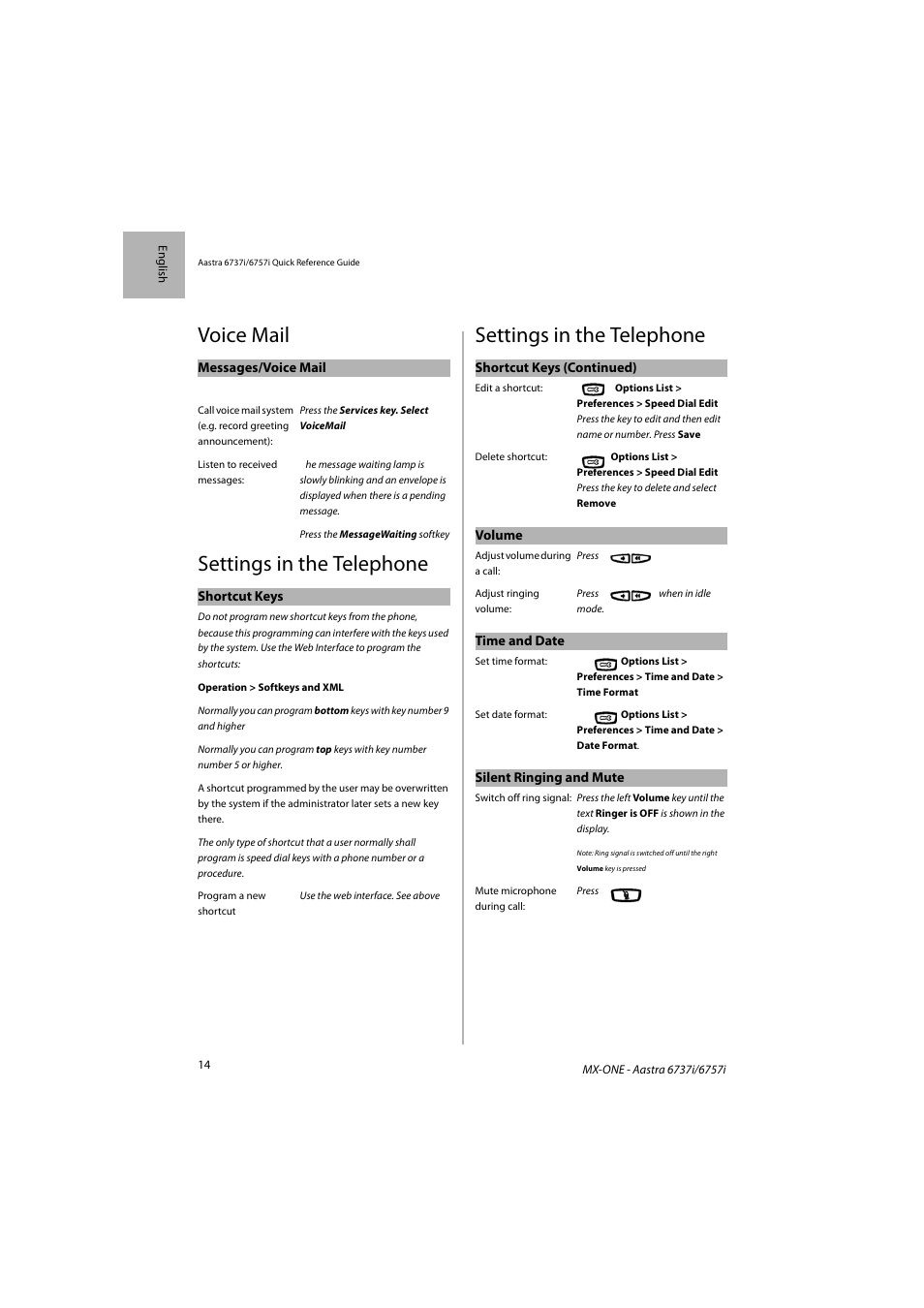 Voice mail, Settings in the telephone | AASTRA 6757i SIP Phone for MX-ONE Quick Reference Guide EN User Manual | Page 14 / 19