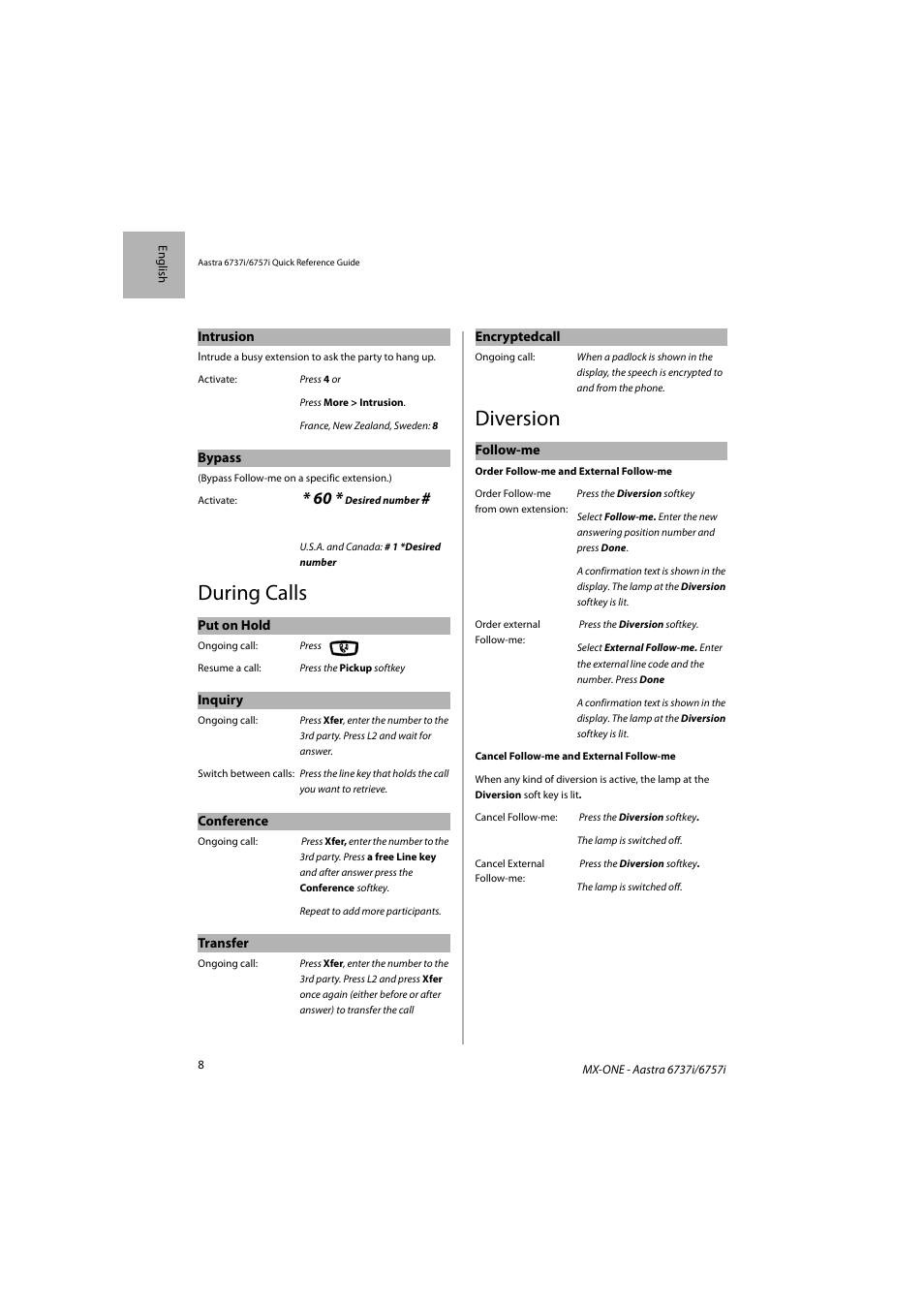 During calls, Diversion | AASTRA 6757i SIP Phone for MX-ONE Quick Reference Guide EN User Manual | Page 8 / 19