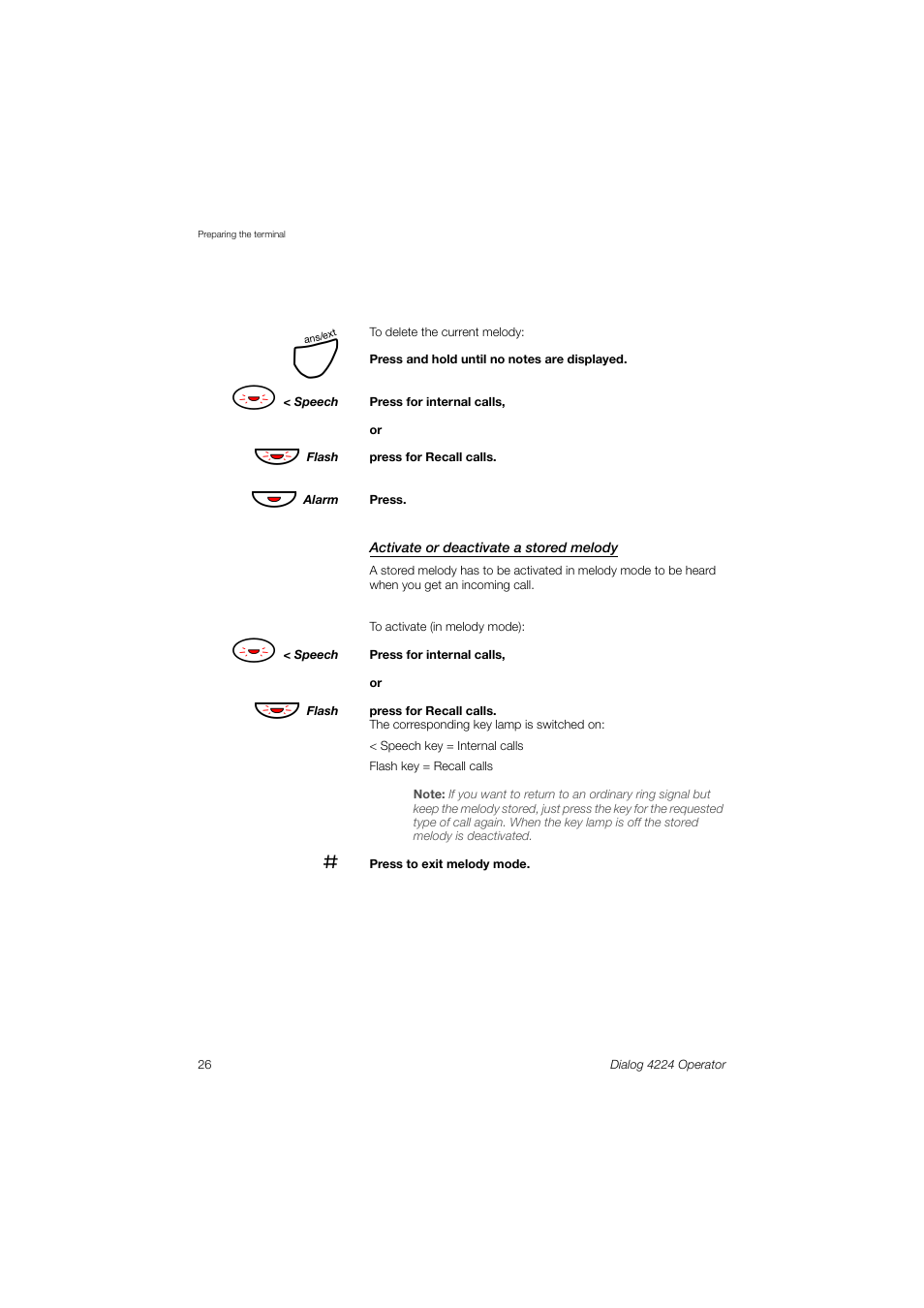 Ection, Activate or, Deactivate a stored melody | AASTRA 4224 Operator for MX-ONE User Guide User Manual | Page 26 / 100