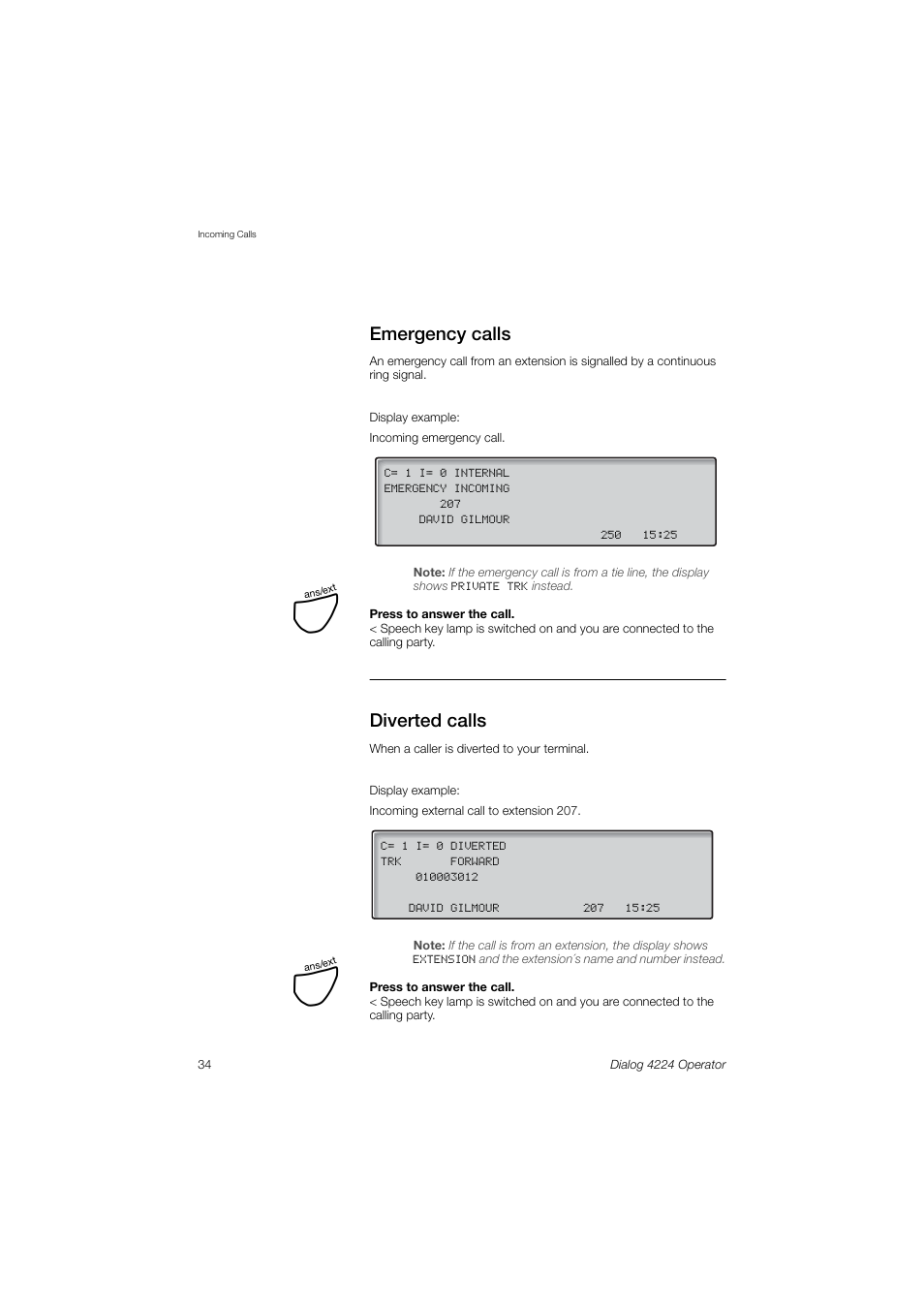 Emergency calls, Diverted calls | AASTRA 4224 Operator for MX-ONE User Guide User Manual | Page 34 / 100