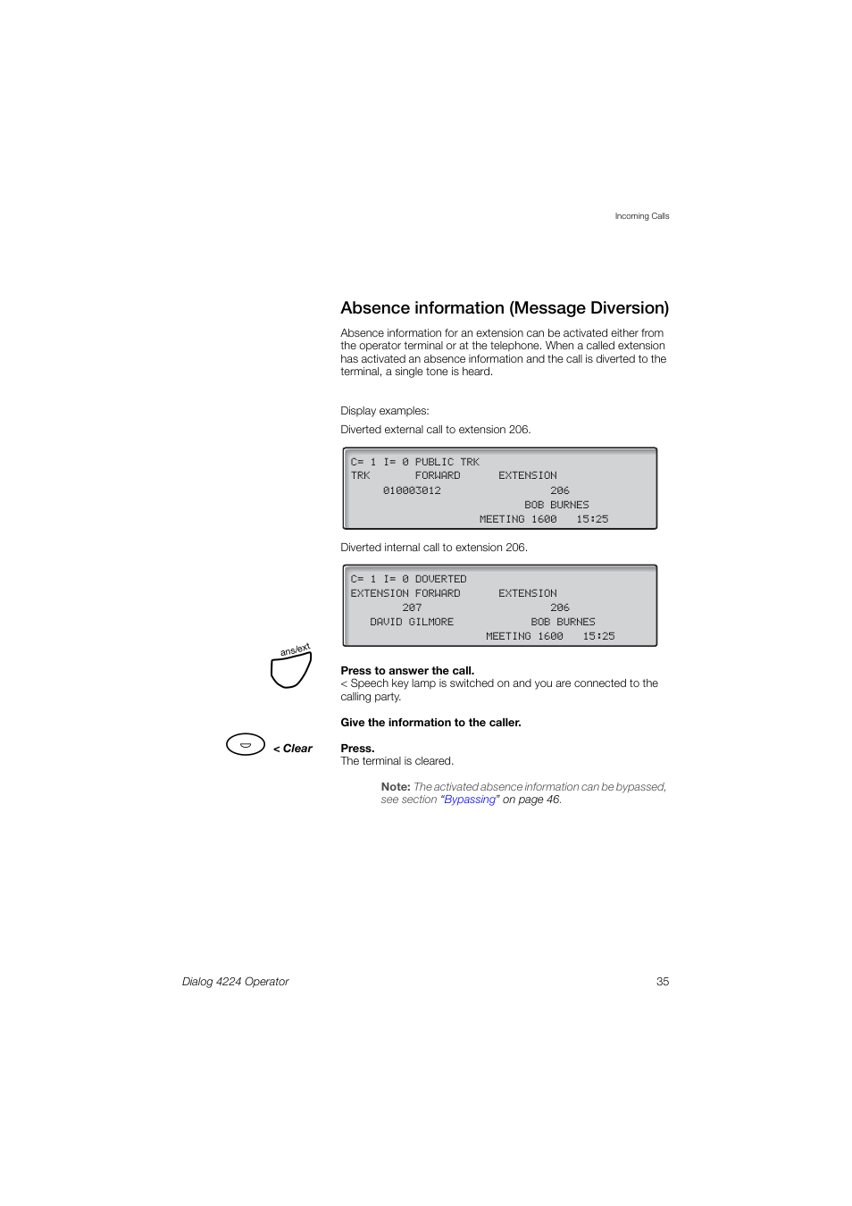 Absence information (message diversion) | AASTRA 4224 Operator for MX-ONE User Guide User Manual | Page 35 / 100