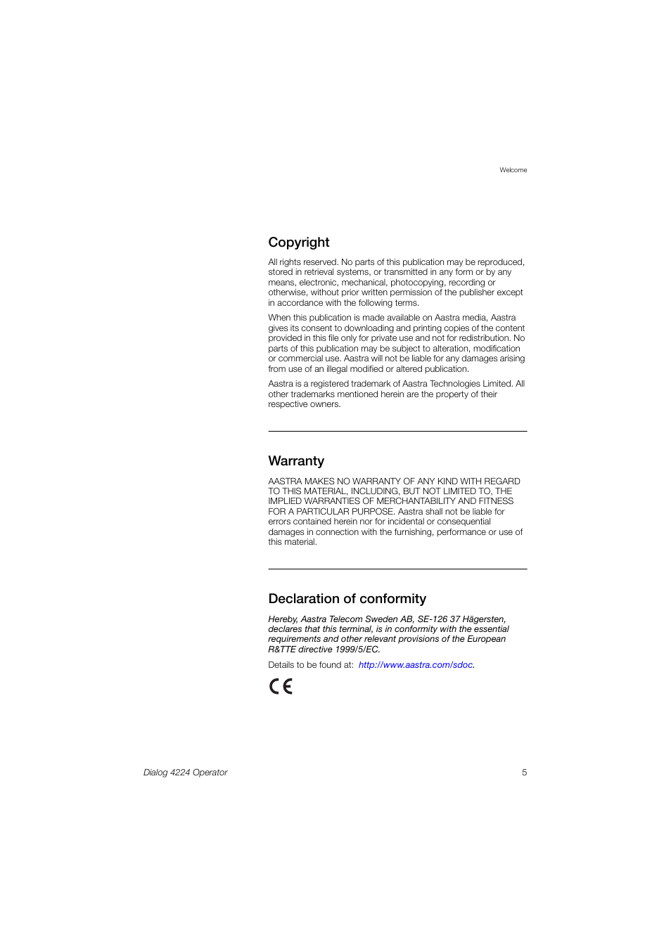Copyright, Warranty, Declaration of conformity | AASTRA 4224 Operator for MX-ONE User Guide User Manual | Page 5 / 100
