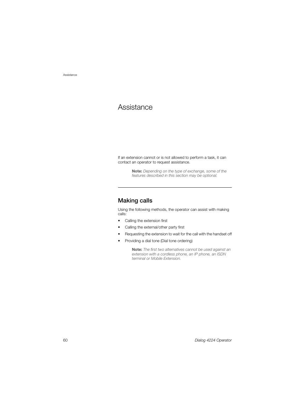 Assistance, Making calls | AASTRA 4224 Operator for MX-ONE User Guide User Manual | Page 60 / 100