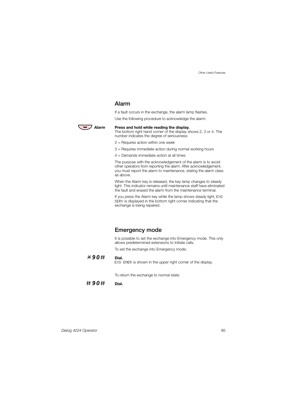 Alarm, Emergency mode | AASTRA 4224 Operator for MX-ONE User Guide User Manual | Page 85 / 100