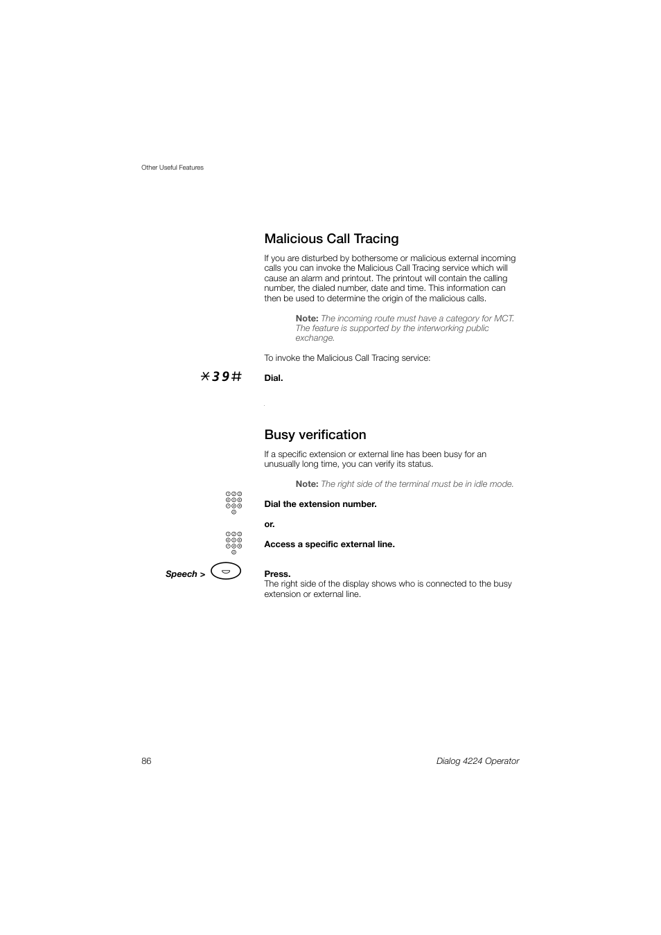 Malicious call tracing, Busy verification | AASTRA 4224 Operator for MX-ONE User Guide User Manual | Page 86 / 100