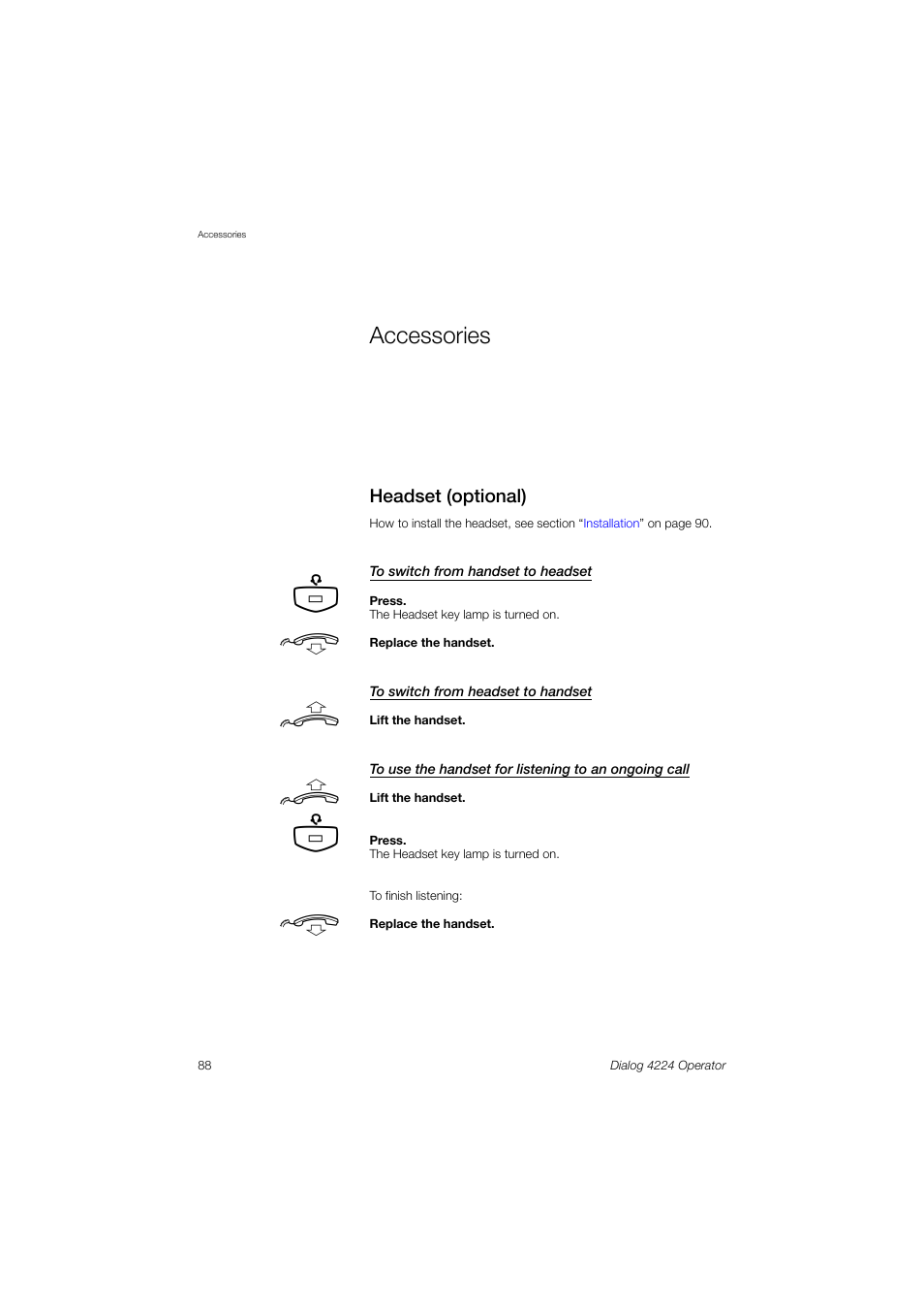 Accessories, Headset (optional) | AASTRA 4224 Operator for MX-ONE User Guide User Manual | Page 88 / 100