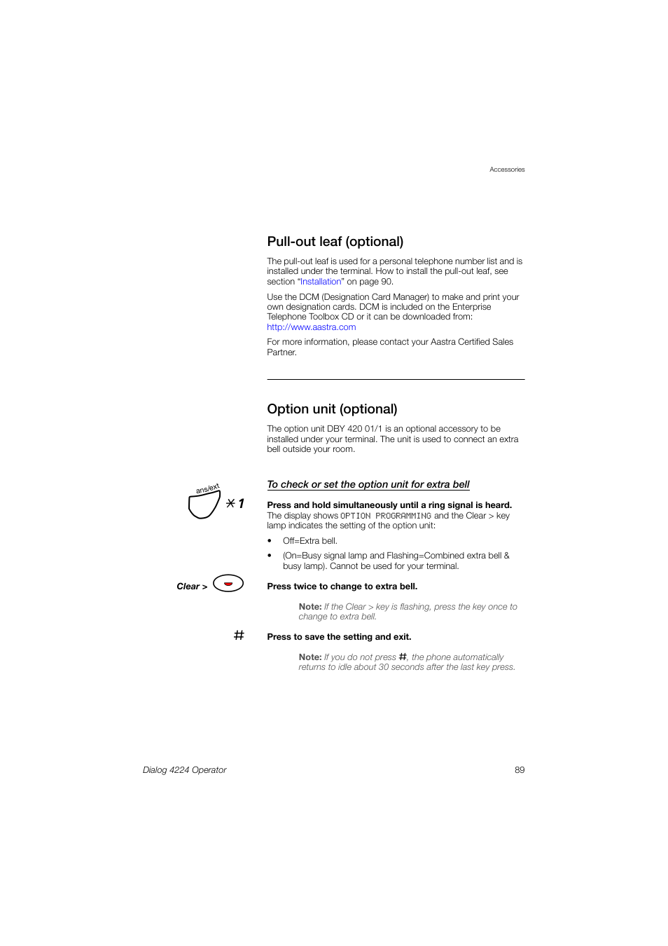 Pull-out leaf (optional), Option unit (optional), Ê *1 | AASTRA 4224 Operator for MX-ONE User Guide User Manual | Page 89 / 100