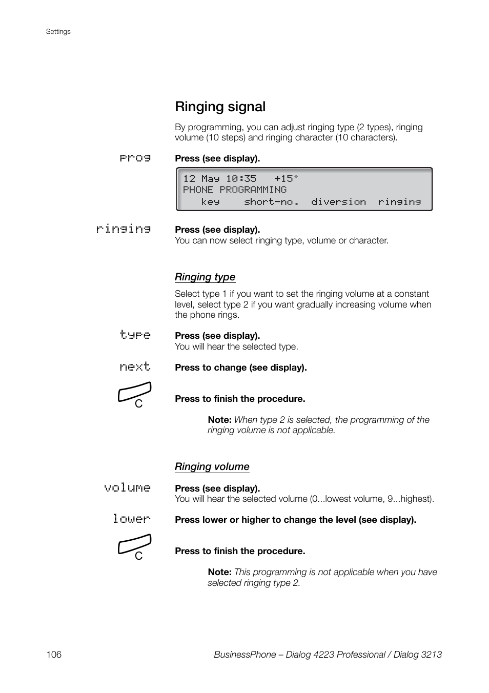 Ringing signal, Ringing type, Ringing volume | AASTRA 4223 Professional for BusinessPhone User Guide User Manual | Page 106 / 138